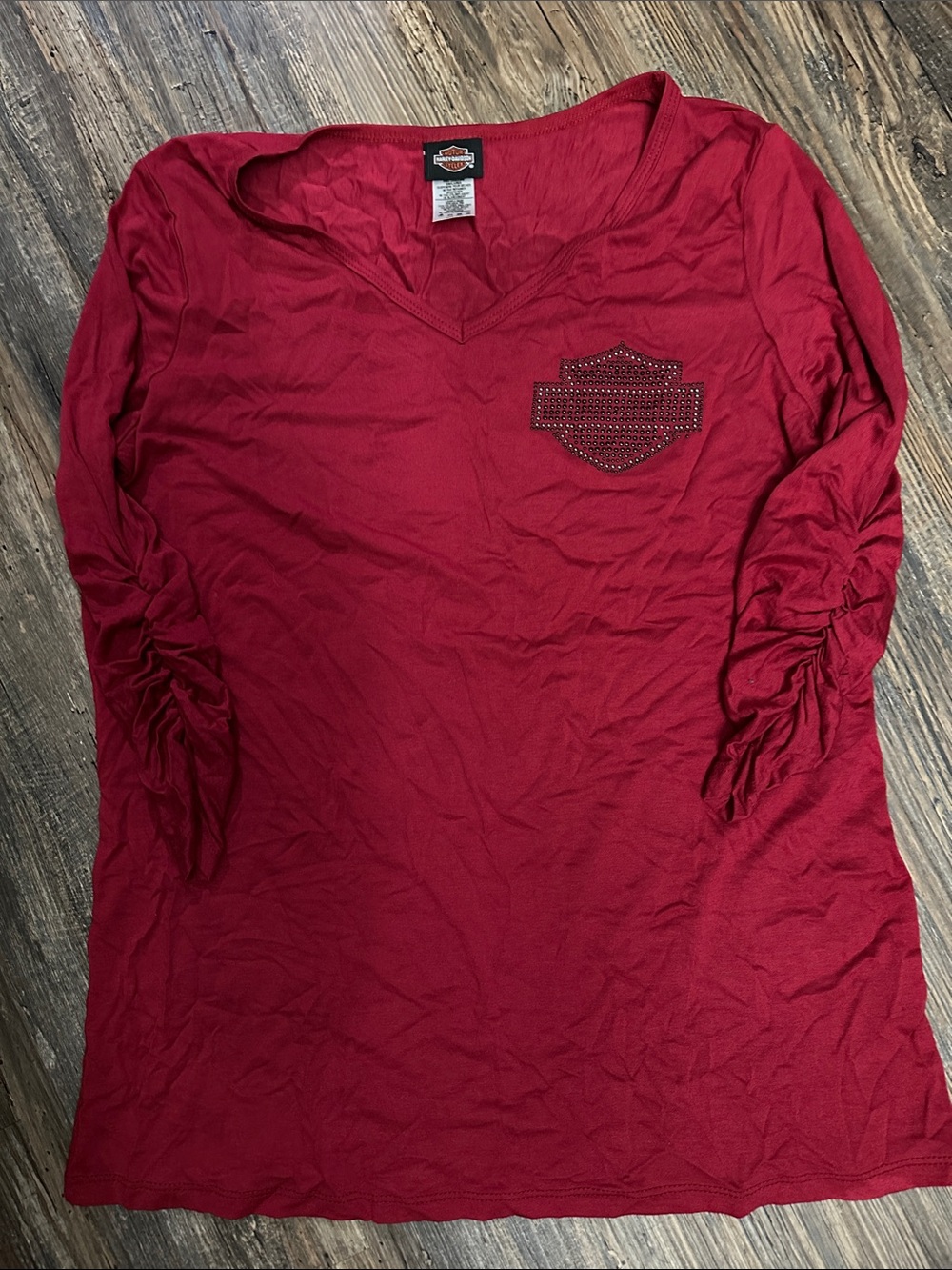 Harley-Davidson Women's Deep Red V-Neck Long Sleeve Shirt with Embellished Logo